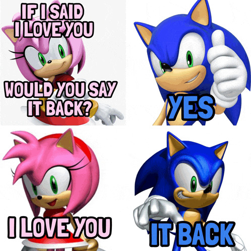 a collage of sonic and amy saying if i said i love you would you say it back yes and i love you