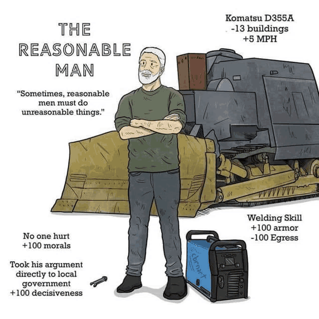 a cartoon of a man standing next to a komatsu d355a