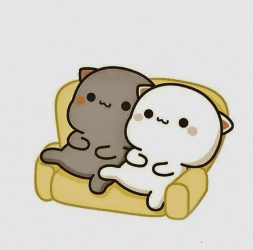 a cartoon of two cats laying on a couch with their arms around each other