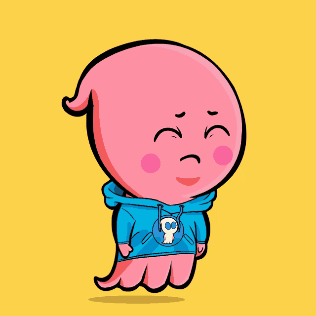 a pink ghost wearing a blue hoodie with a skull on it