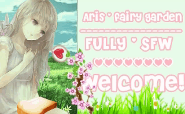 aris fairy garden fully sfw welcome sign with anime girl