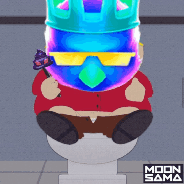 a cartoon character is sitting on a toilet with a moon sama logo in the background