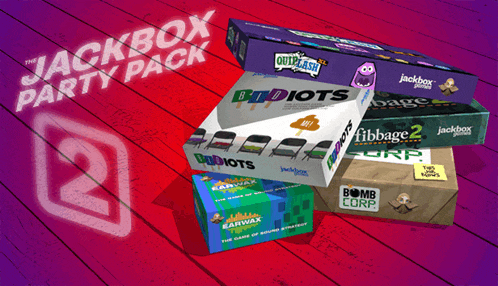 a stack of jackbox party pack games on a wooden floor