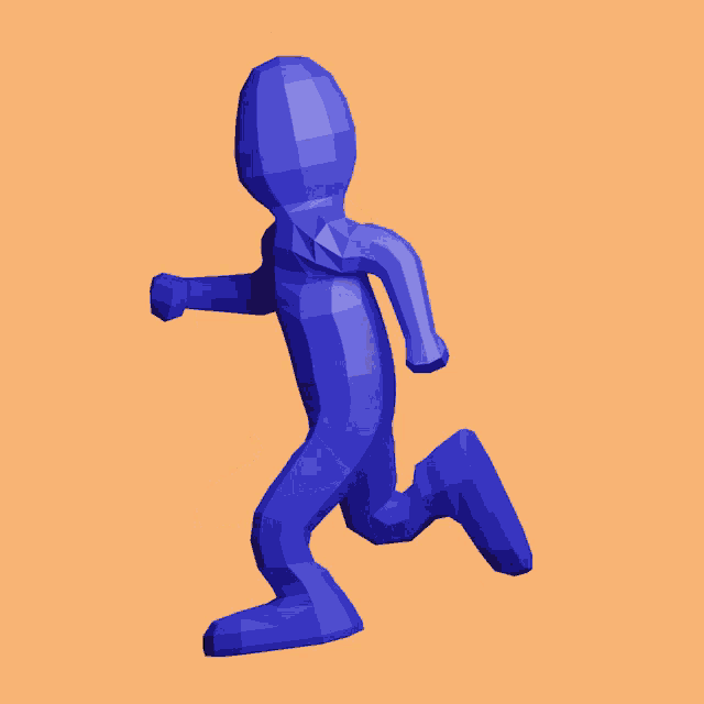 a blue low poly figure is running on a orange background