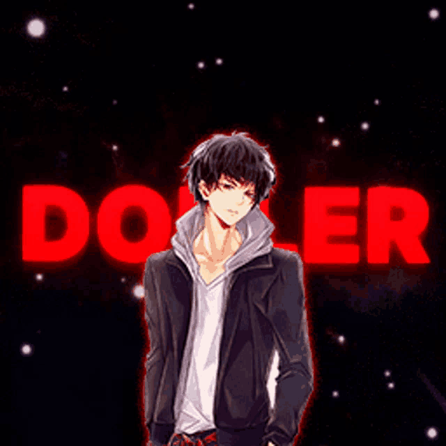 a man in a black jacket stands in front of the word doer