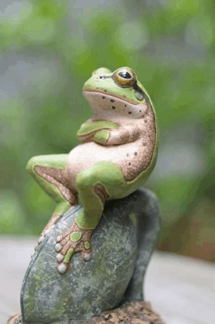 a frog statue sits on a rock with its arms crossed