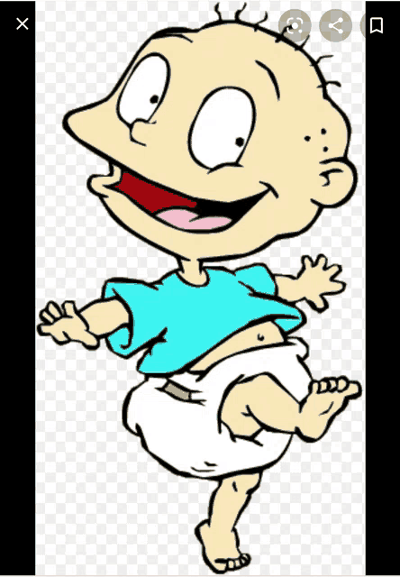 a cartoon baby wearing a diaper and a blue shirt is smiling