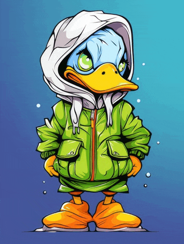 a cartoon duck wearing a green jacket and a white hood