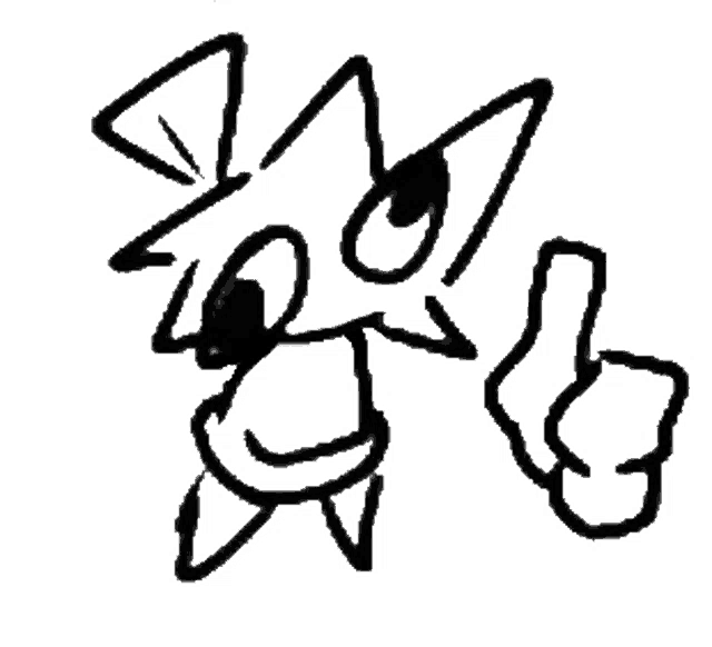 a black and white drawing of a cartoon character with a thumbs up