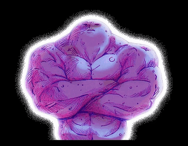 a drawing of a man with his arms crossed is purple