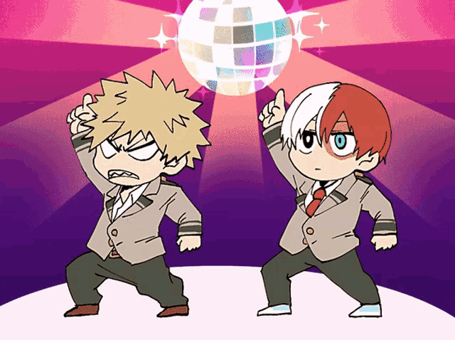 a cartoon drawing of bakugo and todoroki dancing in front of a disco ball