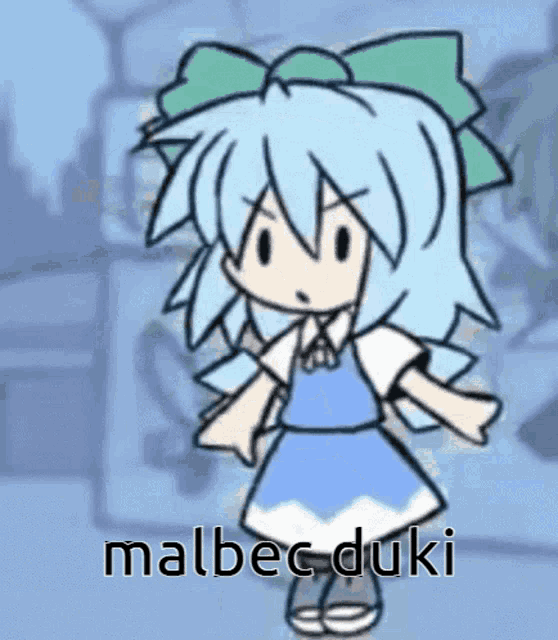 a cartoon drawing of a girl with blue hair and the name malbec duki