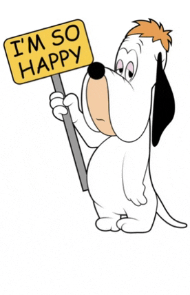 a cartoon dog is holding up a sign that says i 'm so happy