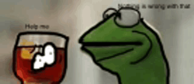 kermit the frog is looking at a glass of red liquid