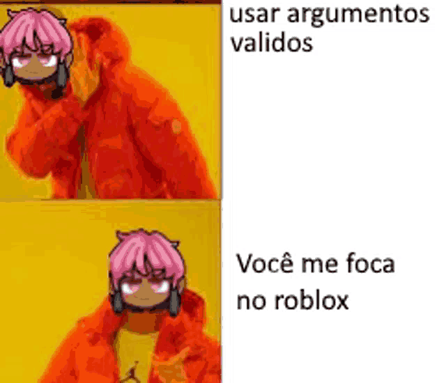 a meme of a person wearing an orange jacket with a pink haired character .