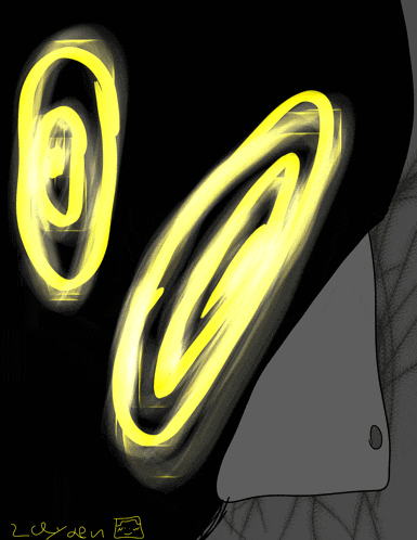 a drawing of glowing yellow circles on a black background with the name zeyden written on the bottom