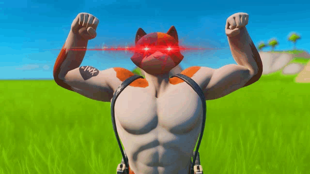 a man with a cat head is flexing his muscles in a field