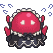 a pixel art illustration of a red octopus with white eyes and a black dress .