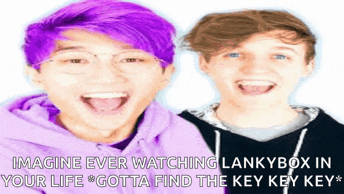 two boys with purple hair are laughing with the caption imagine ever watching lankybox in your life