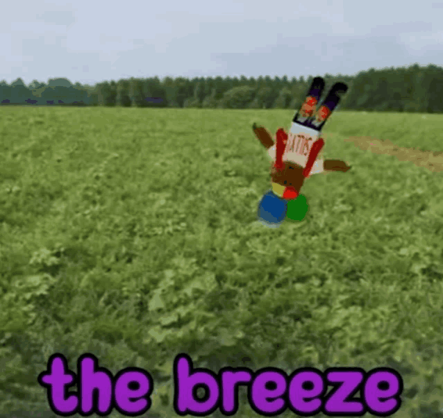 a cartoon character is flying through the air in a field with the words the breeze written on the bottom