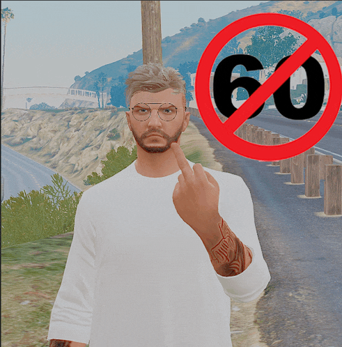 a man giving the middle finger in front of a sign that says no 60