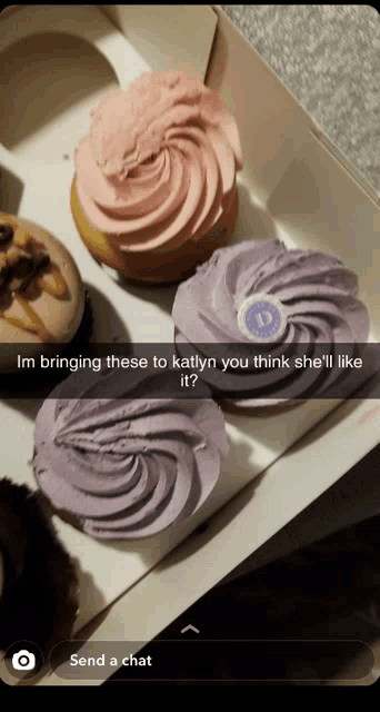 a box of cupcakes with pink and purple frosting and a caption that says im bringing these to katlyn