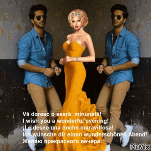 a woman in a yellow dress is surrounded by two men and the caption says i wish you a wonderful evening