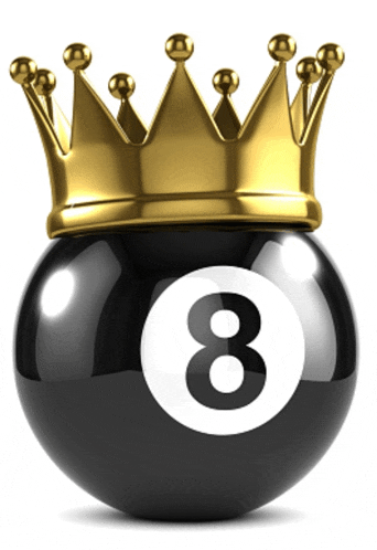 a black pool ball with a gold crown on top