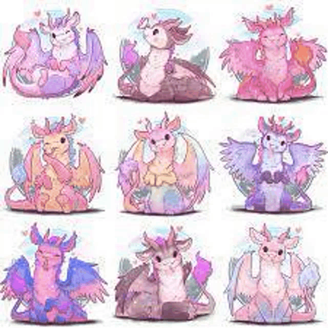 a set of pink and purple dragons sitting next to each other .