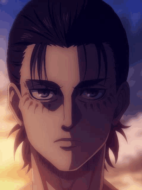 a close up of eren jaeger 's face from attack on titan with a sunset in the background .