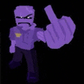 a purple man is giving the middle finger to the camera .