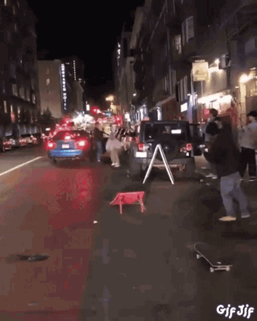 a doge wearing sunglasses is riding a skateboard on the street