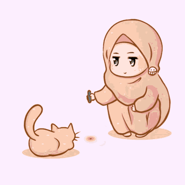 a cartoon drawing of a girl in a pink hijab playing with a cat