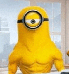 a yellow minion with one eye and muscles is standing next to a window .