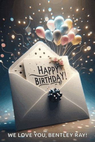 an envelope with balloons and a card that reads happy birthday