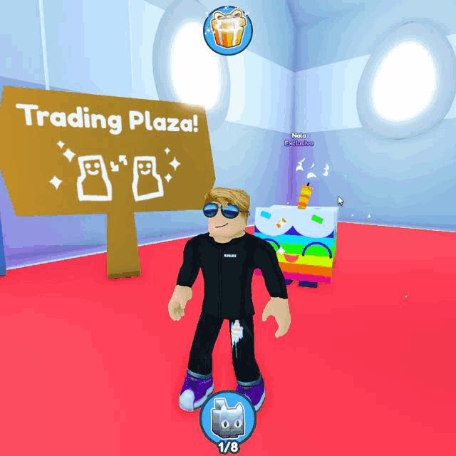 a roblox character is standing in front of a trading plaza sign