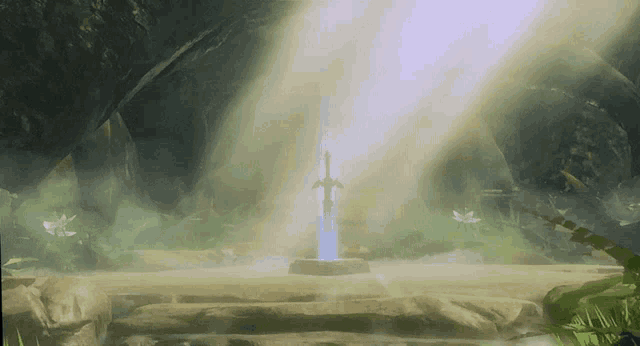 a video game scene with a sword in the middle of a cave