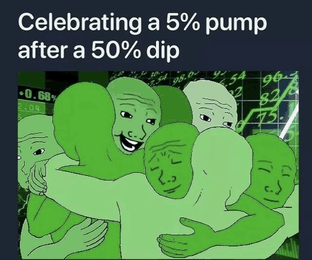 a cartoon of a group of green people celebrating a 5 % pump after a 50 % dip