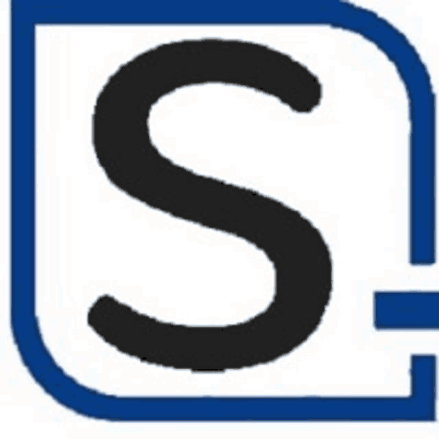 a black letter s is in a blue rectangle on a white background .