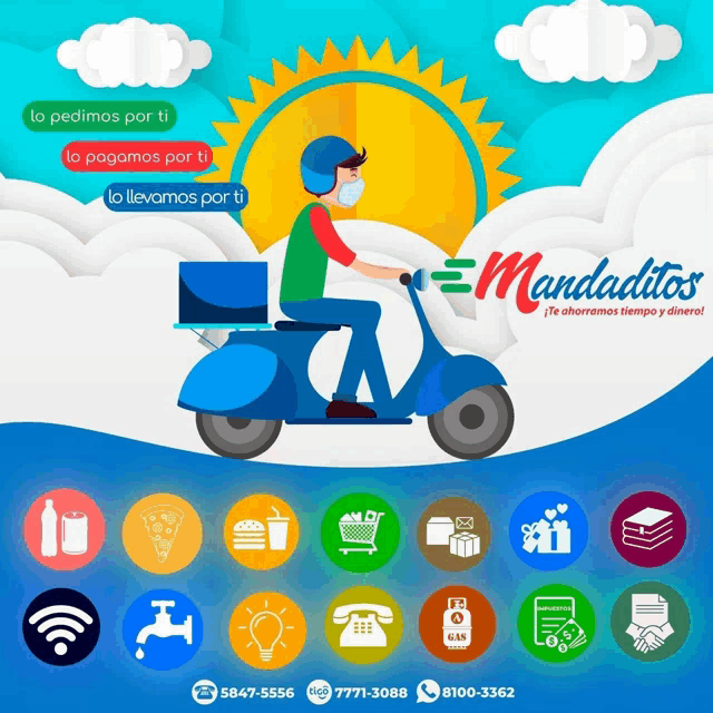 an advertisement for mandatitos shows a man riding a blue scooter