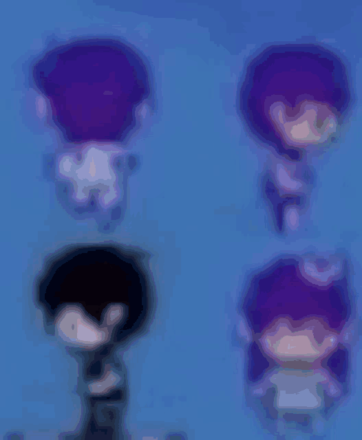 a blurry picture of a group of cartoon characters with purple hair .