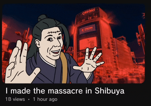 a cartoon of a man with the words i made the massacre in shibuya at the bottom