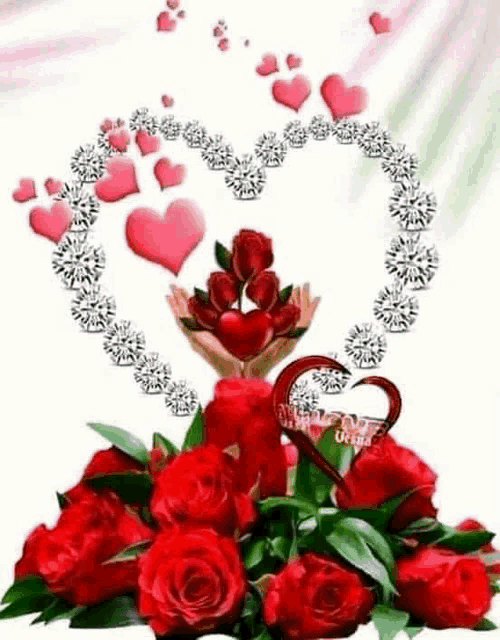 a bouquet of red roses with hearts and diamonds in the shape of a heart on a white background .