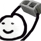 a black and white drawing of a person holding a brick with a smile on their face .