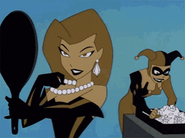 a cartoon character looking at herself in a mirror while harley quinn looks on