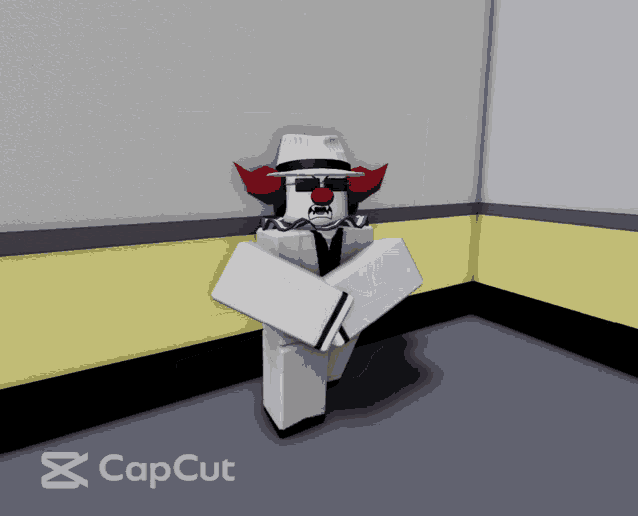 a clown in a white suit and red horns is standing in a room with a capcut logo behind him