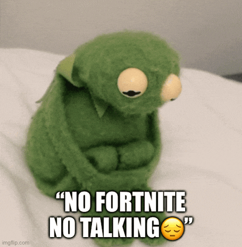 kermit the frog is sitting on a bed with a sad face and the words " no fortnite no talking "