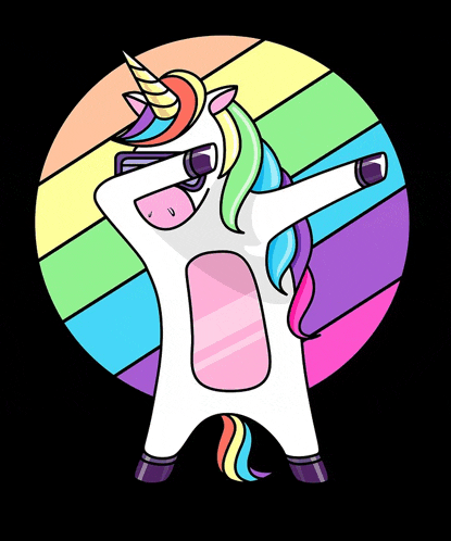 a unicorn with a rainbow mane and tail is dabbling in front of a rainbow background