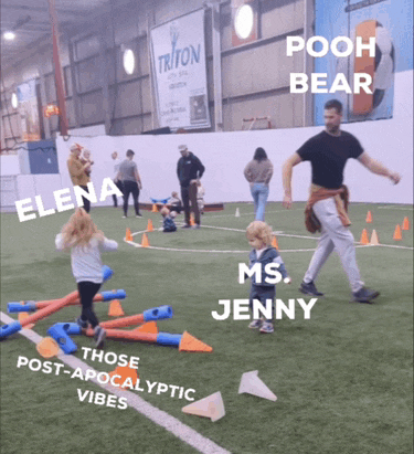 a man and two children are playing on a soccer field with the words pooh bear elena ms. jenny