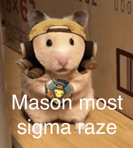 a hamster wearing headphones and a bandana with the words " mason most sigma raze " above it